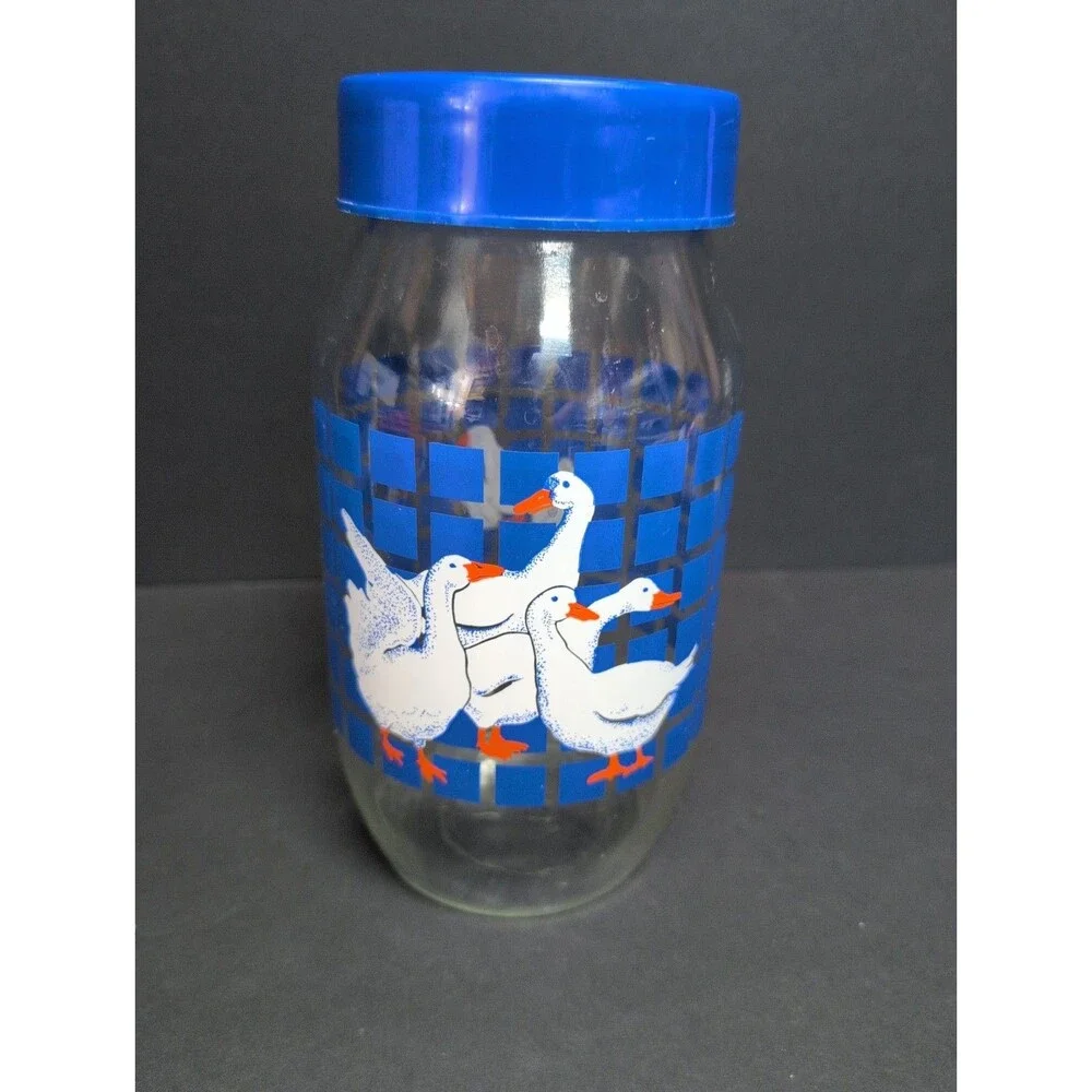 Carlton Glass Geese Clear Jar Blue Lid 2L Canister Goose Country Storage 1980's